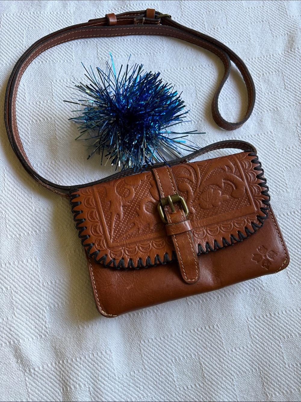 Patricia Nash Cognac Tooled Leather Crossbody with Buckle Detail
